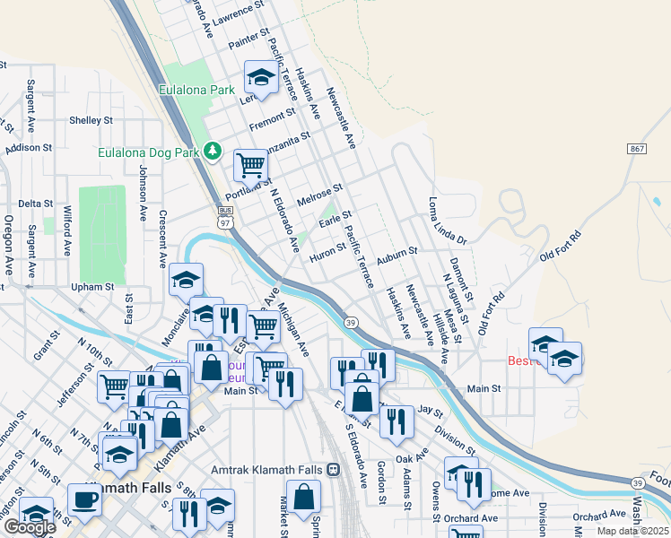 map of restaurants, bars, coffee shops, grocery stores, and more near 1957 Auburn Street in Klamath Falls