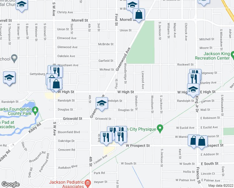map of restaurants, bars, coffee shops, grocery stores, and more near 317 West High Street in Jackson