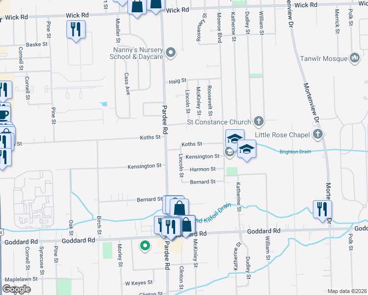 map of restaurants, bars, coffee shops, grocery stores, and more near 22171 Koths Street in Taylor