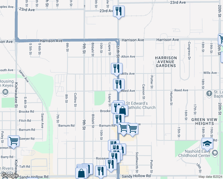 map of restaurants, bars, coffee shops, grocery stores, and more near 2846 Lapey Street in Rockford
