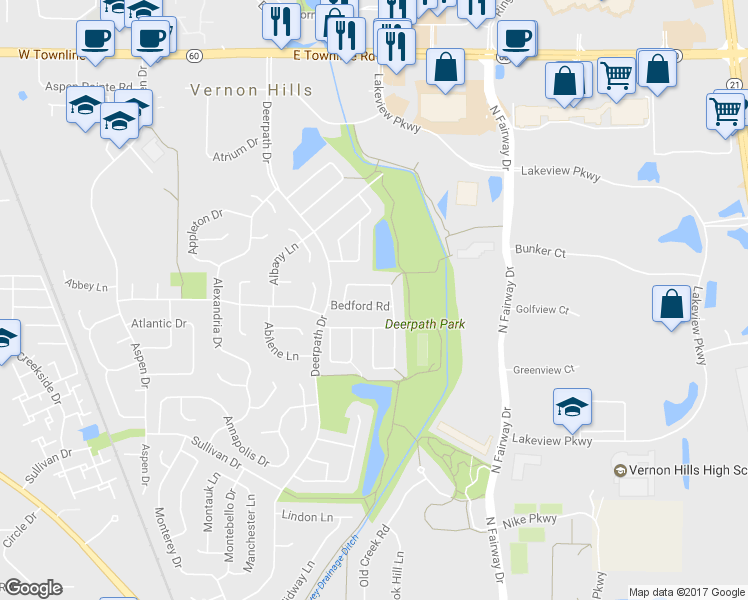 map of restaurants, bars, coffee shops, grocery stores, and more near 10 Bedford Road in Vernon Hills