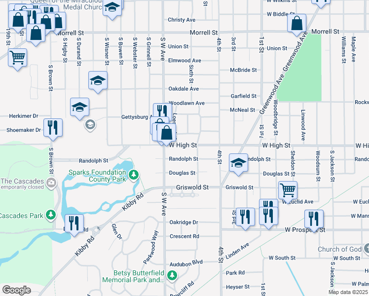 map of restaurants, bars, coffee shops, grocery stores, and more near 745 West High Street in Jackson