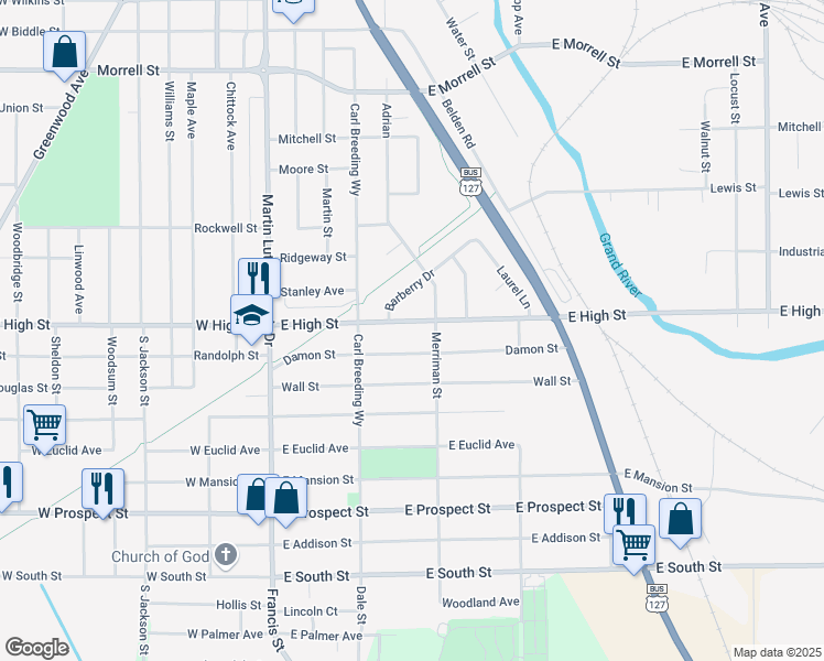 map of restaurants, bars, coffee shops, grocery stores, and more near 231 East High Street in Jackson