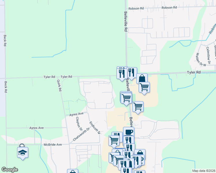 map of restaurants, bars, coffee shops, grocery stores, and more near 45703 Wildrye Court in Van Buren Charter Township