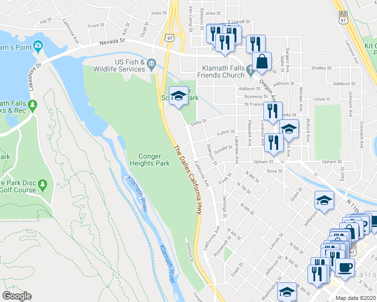 map of restaurants, bars, coffee shops, grocery stores, and more near 1424 California Avenue in Klamath Falls