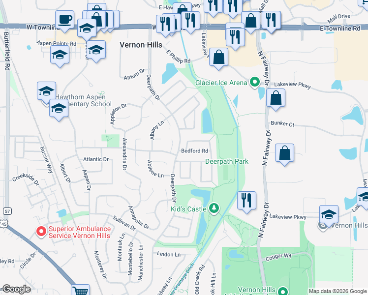 map of restaurants, bars, coffee shops, grocery stores, and more near 302 Spring Lane in Vernon Hills