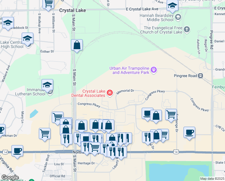 map of restaurants, bars, coffee shops, grocery stores, and more near 286 Memorial Court in Crystal Lake