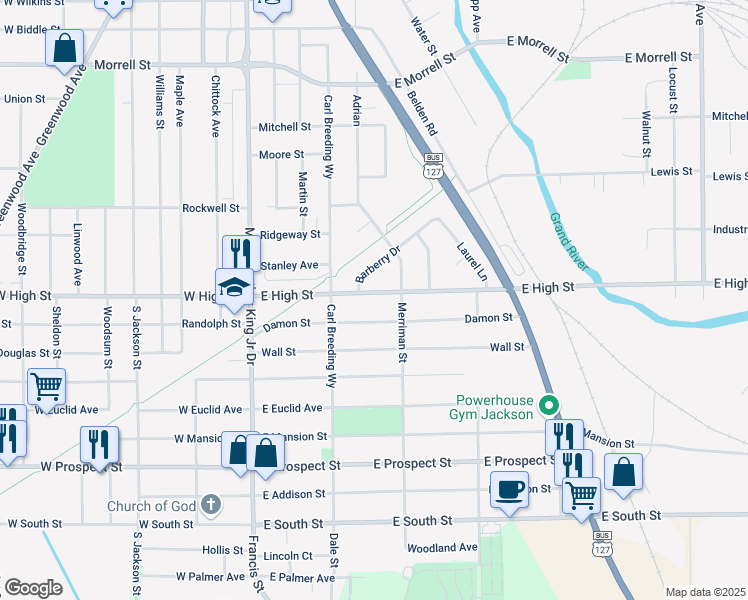 map of restaurants, bars, coffee shops, grocery stores, and more near 231 East High Street in Jackson