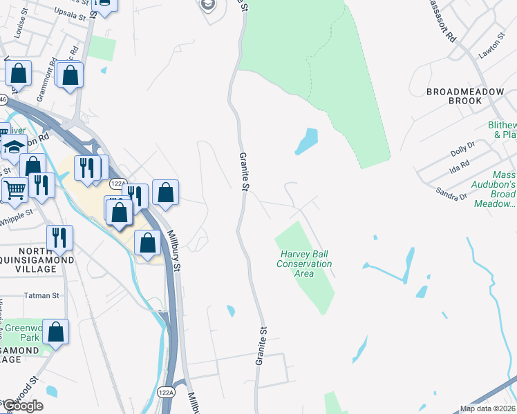 map of restaurants, bars, coffee shops, grocery stores, and more near 39 Dane Avenue in Worcester