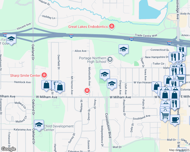 map of restaurants, bars, coffee shops, grocery stores, and more near 5815 Monticello Avenue in Portage