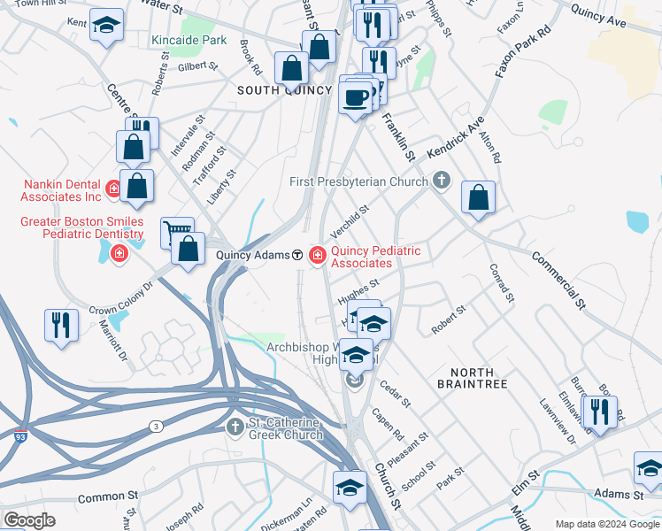 map of restaurants, bars, coffee shops, grocery stores, and more near 194 Independence Avenue in Quincy