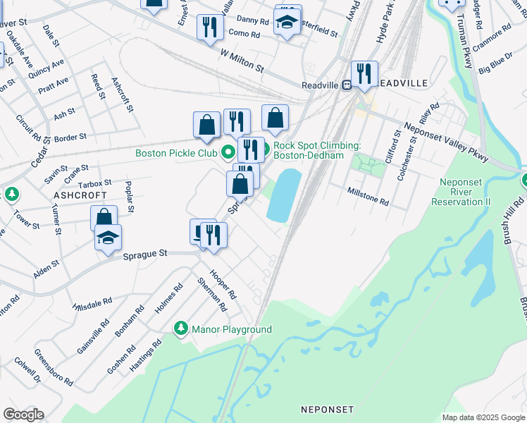 map of restaurants, bars, coffee shops, grocery stores, and more near 29 McDonald Street in Dedham
