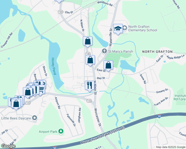 map of restaurants, bars, coffee shops, grocery stores, and more near 1 Ray Street in Grafton