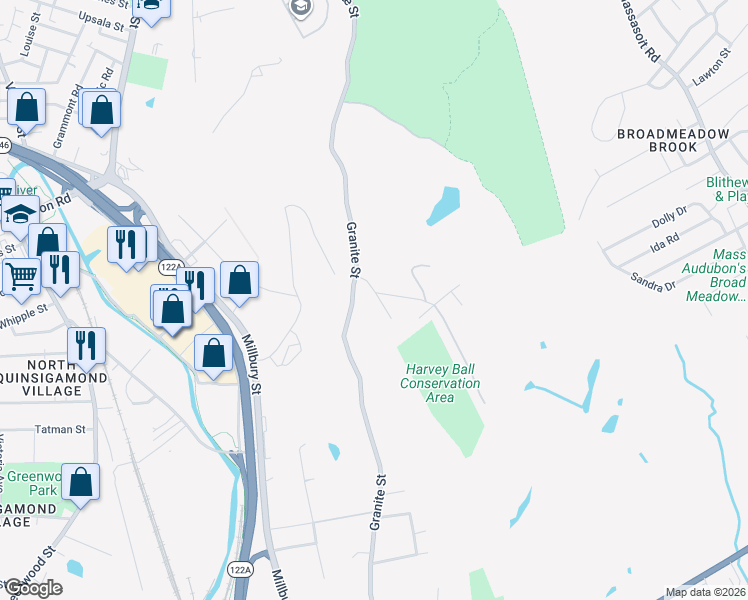 map of restaurants, bars, coffee shops, grocery stores, and more near 39 Dane Avenue in Worcester