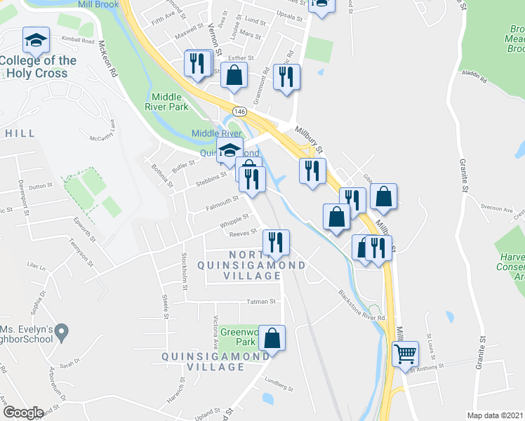 map of restaurants, bars, coffee shops, grocery stores, and more near 56 Blackstone River Road in Worcester