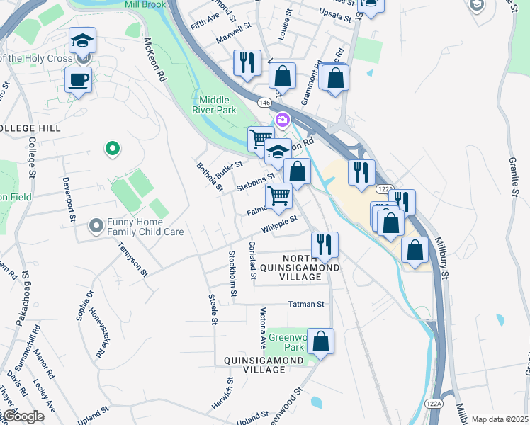 map of restaurants, bars, coffee shops, grocery stores, and more near 29 Falmouth Street in Worcester