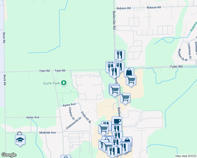 map of restaurants, bars, coffee shops, grocery stores, and more near 45703 Wildrye Court in Van Buren Charter Township