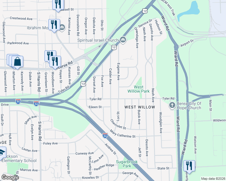 map of restaurants, bars, coffee shops, grocery stores, and more near 830 Calder Avenue in Ypsilanti