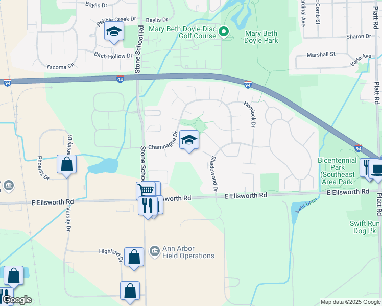 map of restaurants, bars, coffee shops, grocery stores, and more near 891 Santa Rosa Dr in Ann Arbor