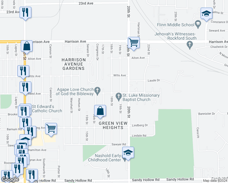 map of restaurants, bars, coffee shops, grocery stores, and more near 2904 18th Street in Rockford