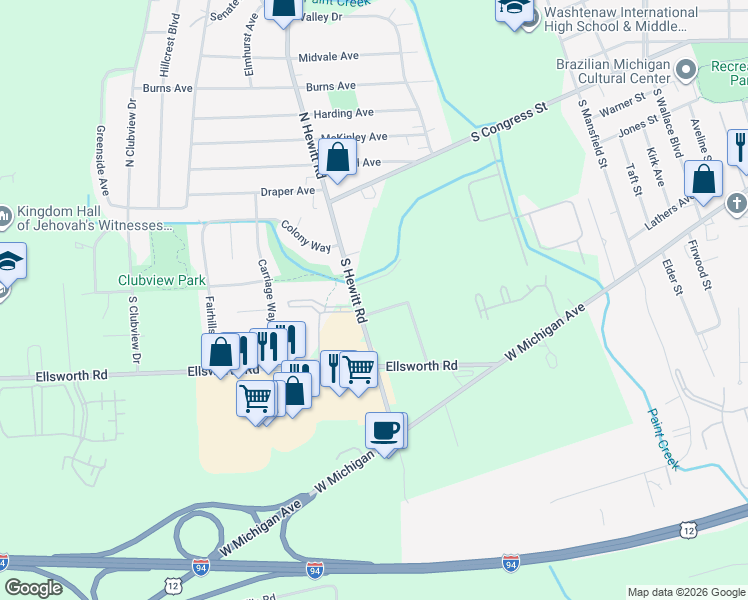 map of restaurants, bars, coffee shops, grocery stores, and more near 2189 Glory Lane in Ypsilanti