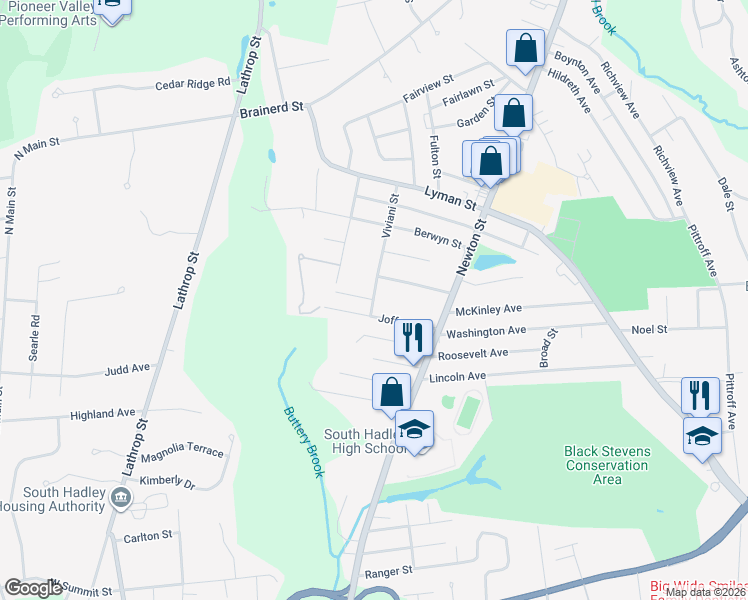 map of restaurants, bars, coffee shops, grocery stores, and more near 45 Viviani Street in South Hadley