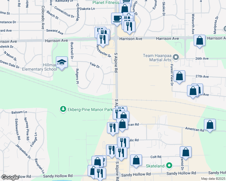 map of restaurants, bars, coffee shops, grocery stores, and more near 2918 Grinnell Court in Rockford