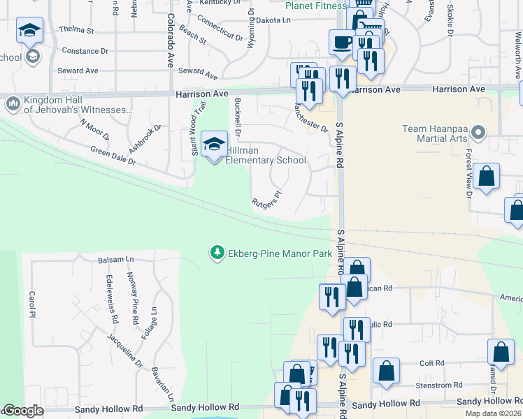 map of restaurants, bars, coffee shops, grocery stores, and more near 3030 Rutgers Place in Rockford
