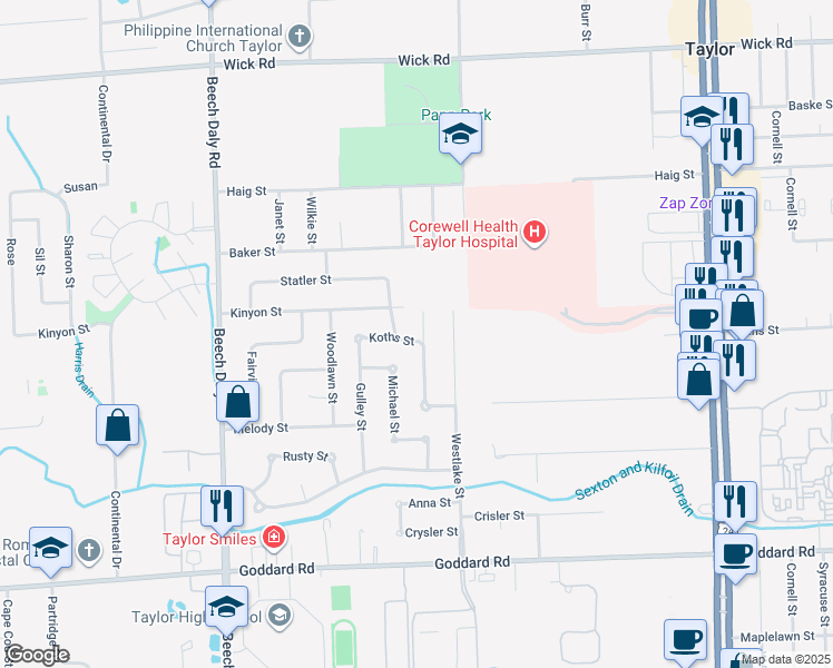 map of restaurants, bars, coffee shops, grocery stores, and more near 25153 Koths Street in Taylor