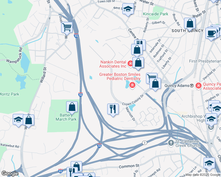 map of restaurants, bars, coffee shops, grocery stores, and more near 1600 Crown Colony Drive in Quincy