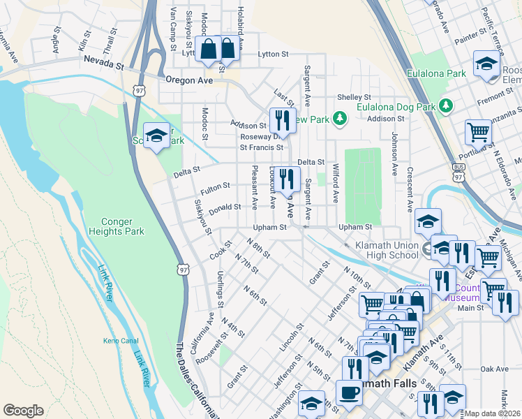 map of restaurants, bars, coffee shops, grocery stores, and more near 1335 Pleasant Avenue in Klamath Falls