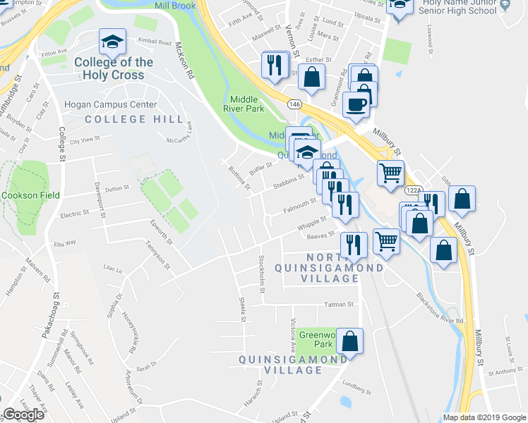 map of restaurants, bars, coffee shops, grocery stores, and more near 21 Thenius Street in Worcester