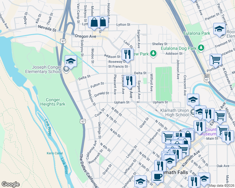 map of restaurants, bars, coffee shops, grocery stores, and more near 1343 Pleasant Avenue in Klamath Falls