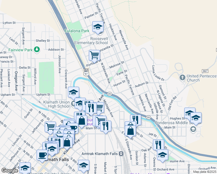 map of restaurants, bars, coffee shops, grocery stores, and more near 1842 Esplanade Avenue in Klamath Falls