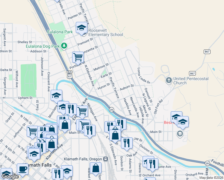 map of restaurants, bars, coffee shops, grocery stores, and more near 1957 Auburn Street in Klamath Falls