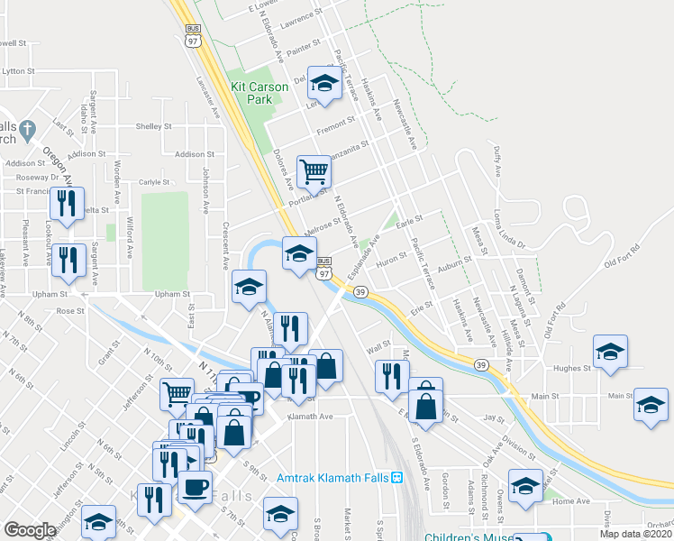 map of restaurants, bars, coffee shops, grocery stores, and more near 601 North Alameda Avenue in Klamath Falls
