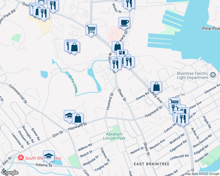 map of restaurants, bars, coffee shops, grocery stores, and more near 76 Howard Street in Braintree