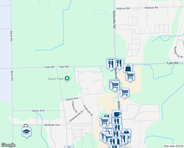 map of restaurants, bars, coffee shops, grocery stores, and more near 45853 Wildrye Court in Van Buren Charter Township