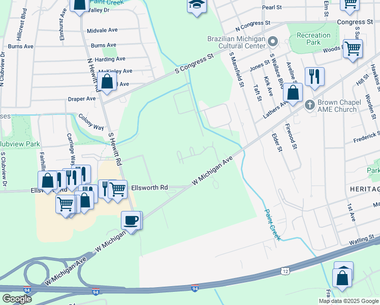 map of restaurants, bars, coffee shops, grocery stores, and more near 1774 Meadow Woods Boulevard in Ypsilanti