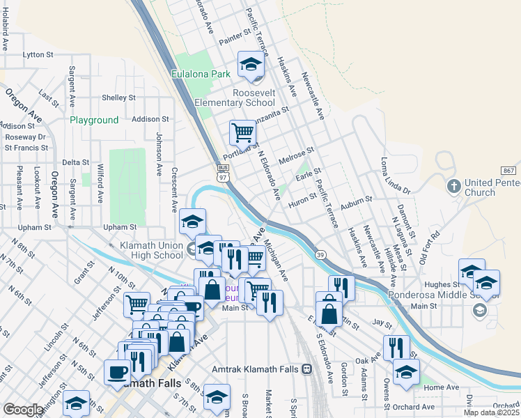 map of restaurants, bars, coffee shops, grocery stores, and more near 621 Crater Lake Parkway in Klamath Falls