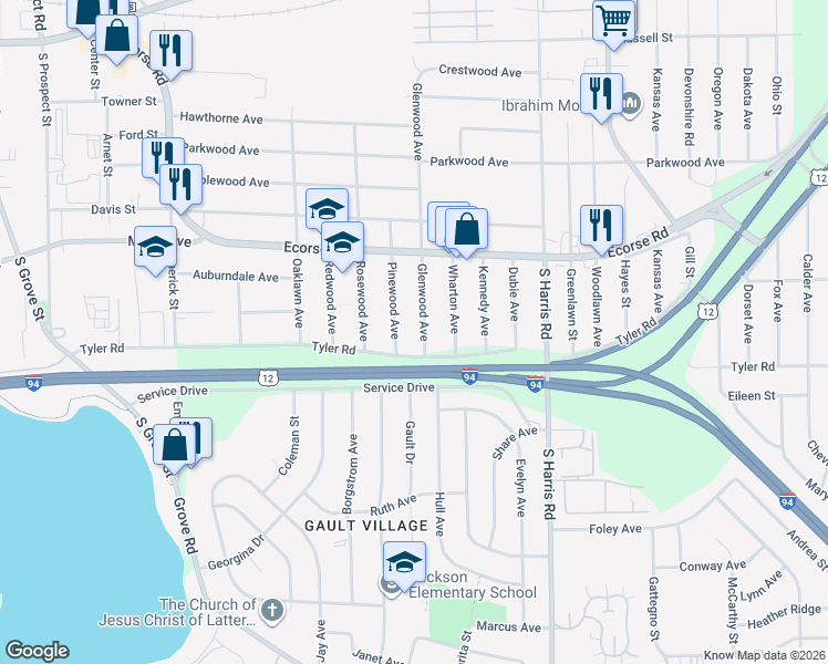 map of restaurants, bars, coffee shops, grocery stores, and more near 650 Glenwood Avenue in Ypsilanti
