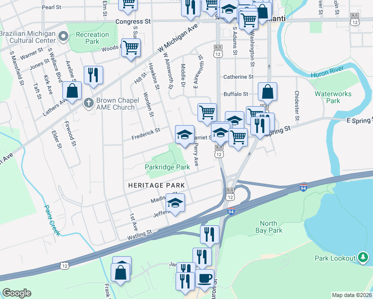 map of restaurants, bars, coffee shops, grocery stores, and more near 550 Perry Street in Ypsilanti