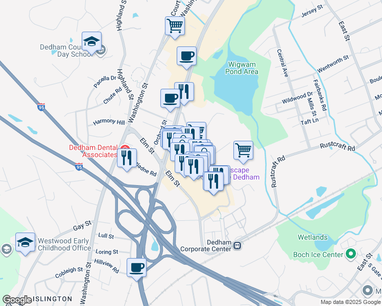 map of restaurants, bars, coffee shops, grocery stores, and more near 300 Legacy Place in Dedham