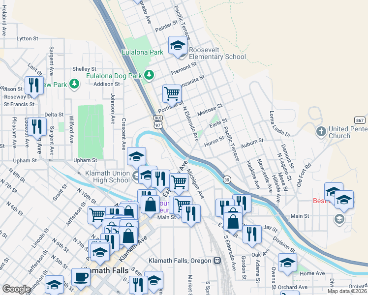 map of restaurants, bars, coffee shops, grocery stores, and more near 601 North Alameda Avenue in Klamath Falls