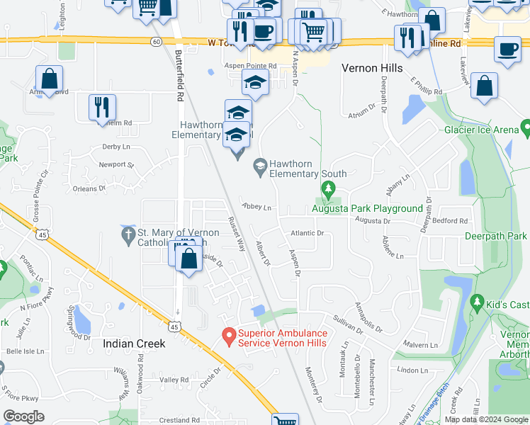 map of restaurants, bars, coffee shops, grocery stores, and more near 305 Abbey Lane in Vernon Hills
