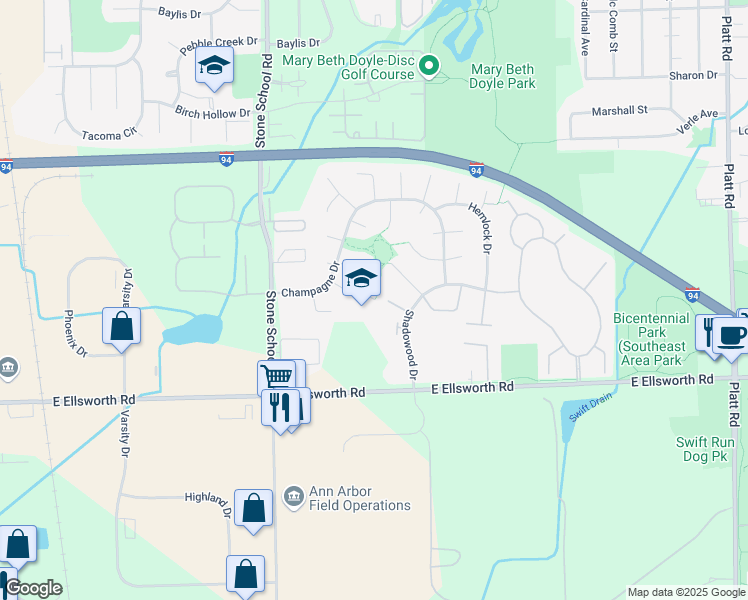 map of restaurants, bars, coffee shops, grocery stores, and more near 891 Santa Rosa Drive in Ann Arbor