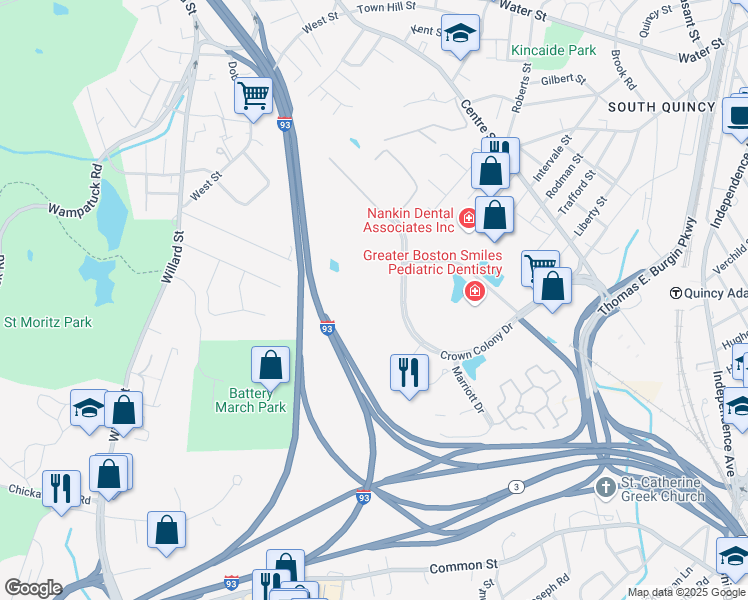 map of restaurants, bars, coffee shops, grocery stores, and more near 1600 Crown Colony Drive in Quincy