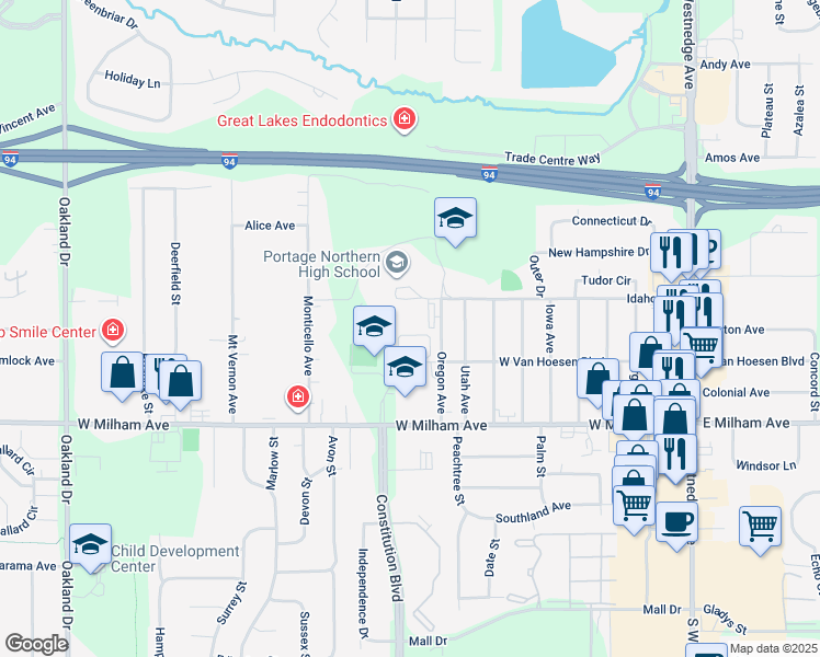 map of restaurants, bars, coffee shops, grocery stores, and more near 5808 Oregon Avenue in Portage
