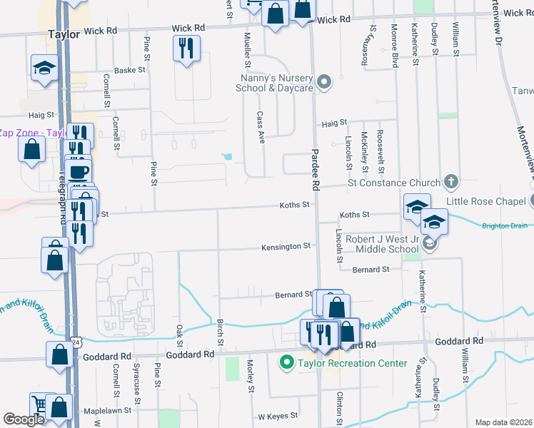 map of restaurants, bars, coffee shops, grocery stores, and more near 22911 Koths Street in Taylor