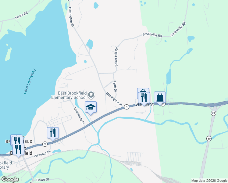map of restaurants, bars, coffee shops, grocery stores, and more near 116 Faith Drive in East Brookfield